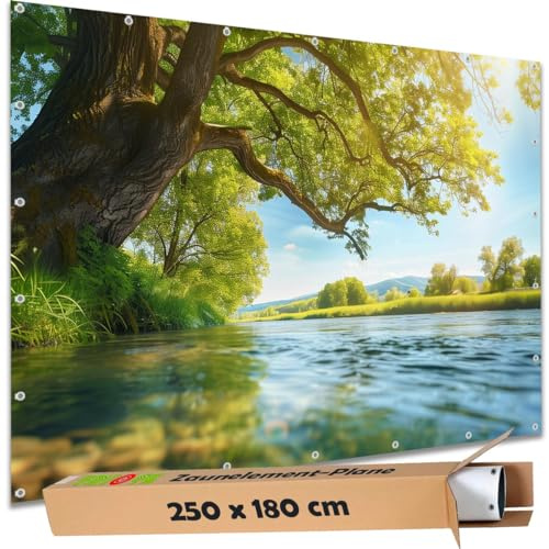 TRIOSK Sichtschutz Garten Deko Zaun Plane Blickdicht groß mit Zaunblende Motiv Baum Sonne Wasser Fluss Ufer für Zaunelement Doppelstabmatten Stabmattenzaun Gartenzaun PVC 250x180 cm
