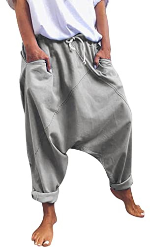 Flodxo Haremshose für Damen, niedrige Leibhöhe, tiefer Schritt, Aladin-Stil, Hippie, lässig, Boho, Strand, Yogahose, elastischer Kordelzug, leicht, Freizeit-Sweathose mit Taschen, grau, L