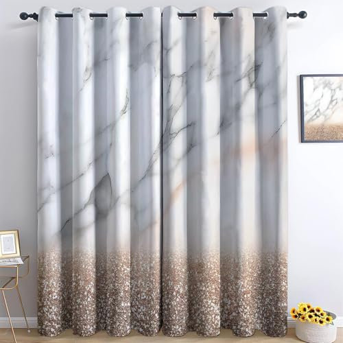 Gedruckte Blackout Vorhänge H215 x B110 cm (2er Pack) Energiesparende Vorhänge Thermo- und Schallschutzvorhänge für Schlafzimmer Einfacher Marmor Bedruckte Weiß Vorhang