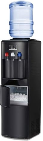 2-in-1 Water Cooler Dispenser Commercial with Built-in Ice Maker,Hot and Cold Top Loading Bottle Water Dispenser,Ice Maker Machine with Child Safety Lock for Home Office Water Tea Coffee（Black）