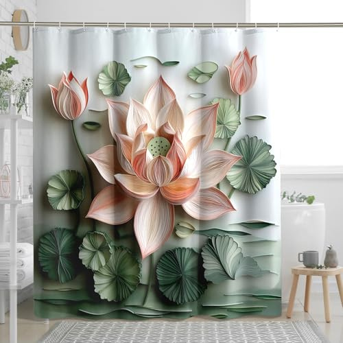 DESIHOM Paper Quilling Lotus Shower Curtain Set 62 W x 72 L, 3D Floral Bathroom Decor, Modern Flower Printed Fabric Bath Accessories