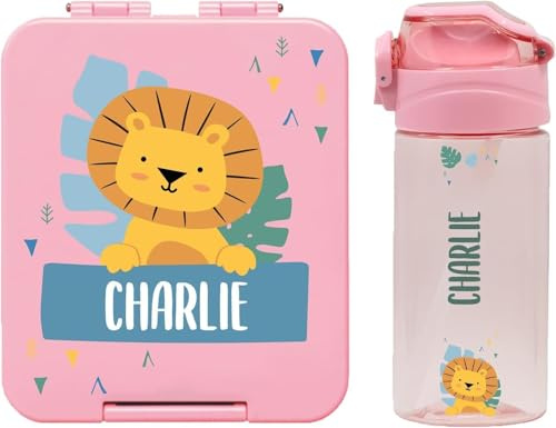 Stellasticker - Set con borraccia personalizzabile per bambini e porta pranzo/merenda personalizzato per bambini in plastica - Borraccia con cannuccia capacità 450 ml - Senza BPA (Rosa chiaro)