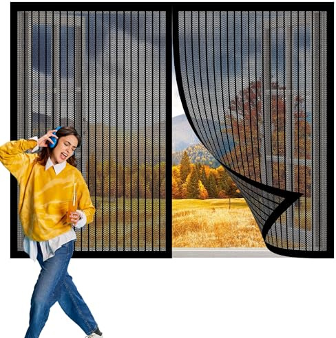 Rideau Magnétique Anti-Insectes 147 x 151 cm Rideau Moustiquaire Fenetre Protection Anti-Moustiques Magic Tape pour Salon Fenêtre, Noir