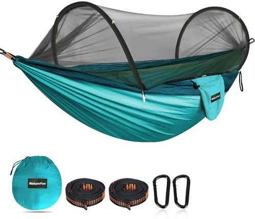 NATUREFUN Ultralätt rese- och campinghängmatta popup-insektsnät hängmatta med en lastkapacitet på 300 kg, andningsbar, snabbtorkande fallskärm nylon 2 premium karbinhakar, 2 trädremmar ingår utomhus