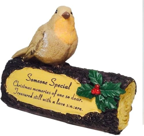 Placa conmemorativa de flores festivas con petirrojo en tronco, adorno de tumba de Navidad para alguien especial, decoración conmemorativa de temporada con detalles florales, homenaje a tumbas al aire