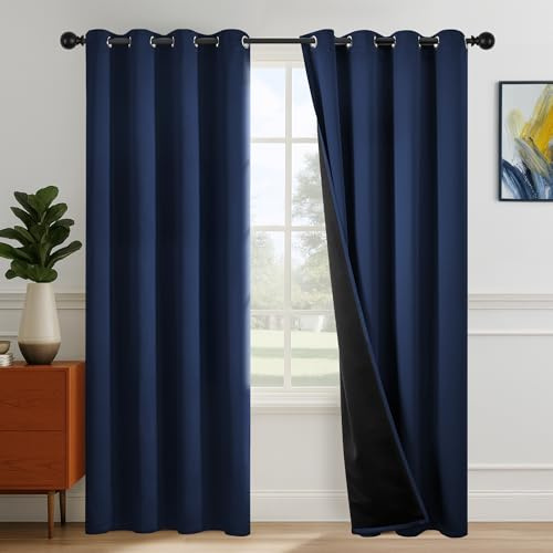 Deconovo Rideau 100% occultant， Opaques à œillets, Rideaux isolants Thermiques pour Salon, Thermique et phonique, 140x260 CM(Largeur x Hauteur, Bleu Marine, Lot de 2