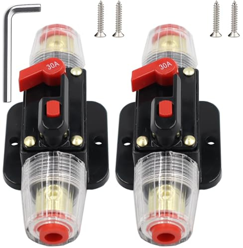 Anhoer 2Pcs 30A Car Circuit Breaker 12V-24V DC Car Battery Fuse Holder Inverter with Manual Reset Inline Fuse Thermal Car Audio Waterproof for Car Truck Bus RV Boat Marine Vehicle