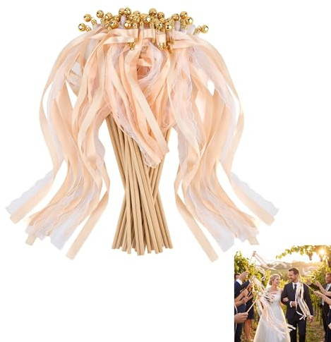 30 Stück Wedding Wands, Zauberstäbe Hochzeit Luftschlangen mit Glocke | Wedding Wands Champagner, 30 Stück Luftschlangen mit Holzstäbchen werden für Hochzeit Geburtstag Party & Feierlichkeiten