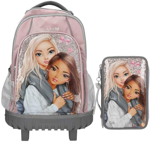 Depesche – TOPModel My BFF – Schulrucksack Trolley und 3-Fach-Federtasche, mit Model Motiv und Glitzer, Schultasche mit verstellbaren Trägern, Federmappe mit Buntstiften, Schere, Lineal UVM.