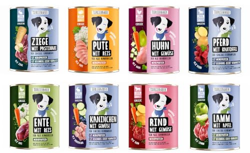 Hundefutter Nass 800g Probierpaket 8 Sorten – Hunde Nassfutter Wet Dog Food | Tierärztlich entwickeltes Hundenassfutter 800g Dosen mit hohem Fleischanteil – Leicht verdaulich von TIERLIEBHABER