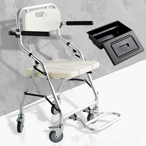 Toilettenstuhl Klappbar Für Senioren, Toilettenstuhl Fahrbar Mit U-förmiger Sitzplatte Und Bremse, Multifunktionaler Duschstuhl Für Patienten Senioren Und Schwangere, Bis 150 Kg Belastbar (White, C)
