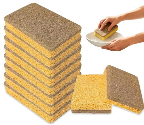 Eco Sponge Scourers Pack, 10Pcs Biodegradable Sponges (11x7x2cm, Brown) | Plastic Free Washing Up Pads Kitchen Cleaning Dish Pads Natural Biodegradable Scrubber Sponges for Heavy Duty Scrubbing