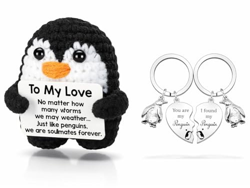 2 Pcs Set Positive Crochet Penguin & Matching Couple Keyring Set – Romantic Valentines Gifts for Him & Her, Inspirational Positive Animals, Mini Penguin Plush & 'You Are My Penguin' Keychains, Perfect