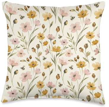 Wildflowers Bees Meadow Cottagecore Botanical Graphic Throw Pillow