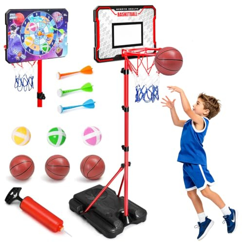 ROCKY&CHAO Kids Basketball Hoop 104-190cm with Dart Board, Height Adjustable Basketball Stand with 3 Basketballs, 3 Sticky Balls & 3 Sticky Darts, Indoor Outdoor Sports Toy Gift for Boys & Girls