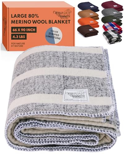 Woolly Mammoth Merino Wool Blanket- 66 x 90 4 lbs Thick, Outdoor/Indoor Throw for Campfire, Picnic, Beach, Van Life, Home- Farmhouse Collection Heavy Duty Insulating Sleep Plaid, Navy/Cream Stripe