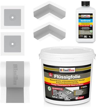 Isolbau Dicht-Set - Inkl. 1x Flüssigfolie (5,5 kg), 1x Grundierlösung (1 L), 1x Dichtband (5 m), 2x Innenecken & 2x Manschetten