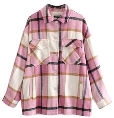 ORANDESIGNE Cappotti a Quadri da Donna a Lunga Manica Blusa Camicetta a Quadri Classica con Tasche Camicia Stile di Boyfriend Giacche A Rosa S