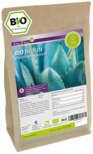Vita2You Bio Inulin Pulver 500g - Ballaststoffe - Präbiotikum - ökologischer Anbau - Laborgeprüft - Glutenfrei - aus Agave - Premium Qualität