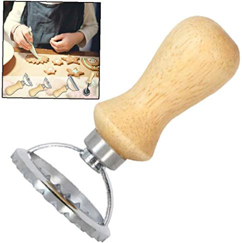 Ravioli Stamp Maker Cutter, Mold with Wooden Handle and Fluted Pasta Press Kitchen Attachment with Pastry Cutter Wheel (small Round)