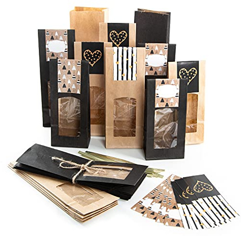Logbuch-Verlag 20 Blockbodenbeutel mit Weihnachtsaufkleber schwarz braun - Verpackung Weihnachtsgebäck Plätzchen Kekse 26,5 x 8,5 x 5 cm