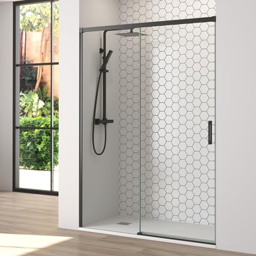 Mampara de Ducha Frontal Corredera 1 puerta Corredera + 1 fijo | Transparente | Cristal templado 6mm Antical | 195cm de Altura | Perfilería color Negro Mate | 175 cm (Adaptable 169-174cm)