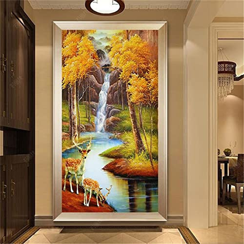 Tinnoon Diamond Painting Hirsch am Fluss,5D Diamant Painting Bilder Groß Vollbohrer,DIY Malen nach Zahlen Diamant Malerei Kit Kinder Cross Stickerei für Home Wand Dekoration-Round Drill,30x60cm