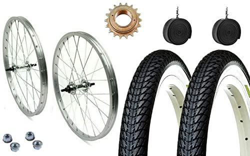 COPPIA RUOTE BICI 20 x 1.75 + PIGNONE 16 DENTI + COPERTONI BIANCO NERI + CAMERE + FLAP | CERCHI COMPLETI GRAZIELLA BICI EPOCA
