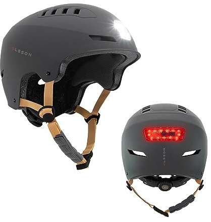 Casco con luz OLSSON Urban Light Antracita Talla M/L Ajustable, Homologado y Resistente Impactos 360º,LED Frontal+Trasero, Forro Desmontable, ventilación, Apto para patinetes,Patines,Bicicletas