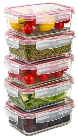Vinsani Glass Food Storage Containers Rectangle Food Meal Prep Lunch Boxes with Lids Airtight Heat Resistant Leakproof Lid BPA-Free Dishwasher Microwave Freezer Safe (5-Pack)
