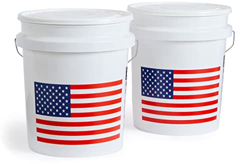 United Solutions 5 Gallon Bucket, Heavy Duty Plastic Bucket, Comfortable Handle, Perfect for on The Job, Home Improvement, or Household Cleaning, White with USA Flag, Pack of 2