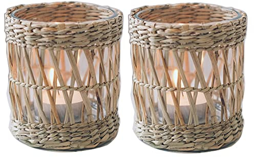Confezione da 2 portacandele in vimini intrecciato, portacandele votivi decorativi fatti a mano, portacandele votivi rustici vintage in vetro di alga marina, per tavolo da pranzo, cucina, vassoio da