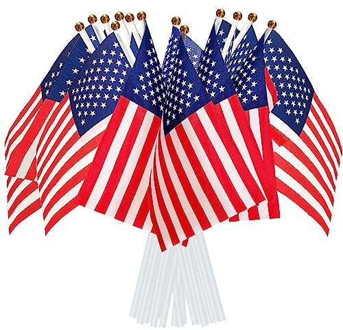AhfuLife Klein USA Flagge für Deko 2026 WM, 100 Stück Amerikanische Mini Handgehaltene Flaggen mit 30cm weißem Pole für Unabhängigkeitstag 4. Juli Fans Fußball Amerika Party Bar Deko