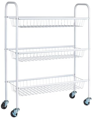 Household Essentials 3-Tier Slim Storage Cart, Heavy-Duty Steel Frame, Smooth Casters with Locks, Powder Coat Finish, Arched Handles, Easy to Assemble, Modern, Compact, White
