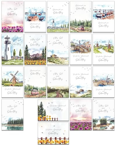 Set von 20 Geburtstagskarten für Erwachsene - Alle verschiedenen Designs mit Umschlägen. Umweltfreundlich.