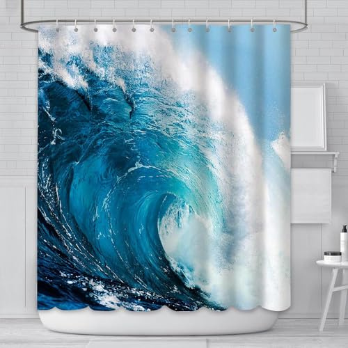 AIBIIN Duschvorhang mit Meereswelle, 180 x 180 cm, Blau, Sommer, Hawaii, Ozean, Surf, Badvorhänge, strapazierfähiges Polyester-Material mit 12 Haken, jm285