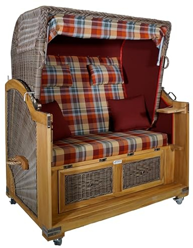 Strandkorb Teak XL rot kariert 2½ Sitzer Voll-liegemodell