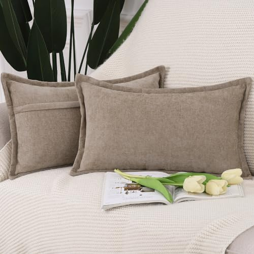 Madizz 2er Set Fransen Chenille Schlicht Zierkissenbezüge Modern Kissenbezug Kissenhülle Sofakissen Lendenkissen für Sofa Schlafzimmer Taupe 40x60 cm