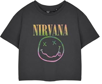 Nirvana Womens Grey Cropped Short Sleeved T-Shirt | Rainbow Logo Graphic Crop Top | Grunge Band Vintage Apparel | Ladies Music Merchandise Gift