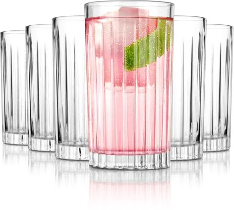 Royalrose Premium VertiLine 13.5oz Highball Glasses, 6pc Tall Glass Sets. Lead-Free Crystal Drinking Glasses. Water Glasses, Mojito Glass Cups, and Mixed Drink Cocktail Glass Set. (Tall glasses)