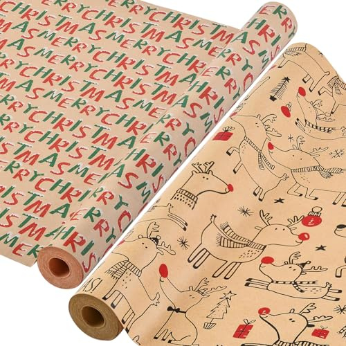 AhfuLife 2 Rollen Geschenkpapier Weihnachten, 43cm x 15m Weihnachtspapier Set, Nature Kraftpapier Weihnachtsgeschenkpapier für Weihnachten Papier Xmas Geburtstag Geschenk Verpackung