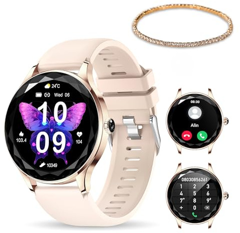LUNIQUESHOP Orologio da donna connesso LSDIAMS smartwatch chiamata Bluetooth donna, braccialetto strass regalo, 100 sport, SPO2, 1,6 AMOLED Pedometro frequenza cardiaca per Android iOS, oro rosa