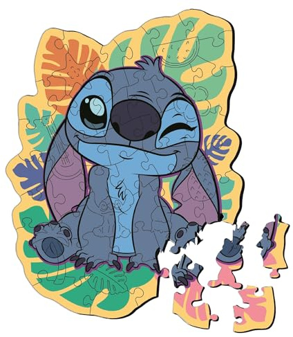 Trefl - Holzpuzzle 50 Teile, Der fröhliche Stitch, Lilo&Stitch, 5+ | Formpuzzle „Wooden Puzzle“, unregelmäßige Formen, 10 Figuren, Figuren aus beliebten Märchen, Gedächtnistraining