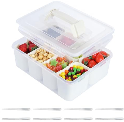 OTraki Snackle Box Container, Divided Snack Serving Tray with 8 Compartments Divided Serving Tray with Lid and Handle Plastic Snack Platter with 8 Metal Forks for Pastry Fruit Candy snack（1 Pack）