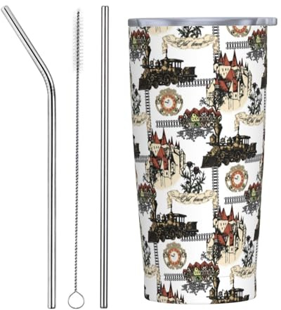 VOSERY Botella de agua de 20 onzas con tapa y popote, diseño de tren, vaso aislado vintage de acero inoxidable, taza de café de viaje, vaso personalizado