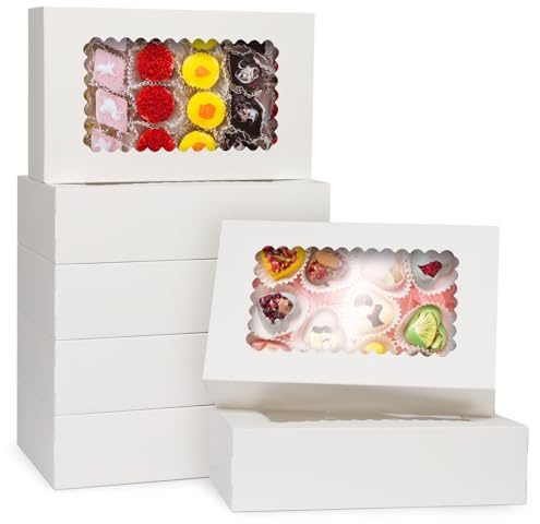 GXFCING 24Pcs Bakery Boxes with Window, 10 x 6 x 2.5 inch Cookie Box, White Rectangular Food Grade Cardboard Boxes for Pastry, Biscuit, Macaron, Brownie, Chocolate, Cake Packaging