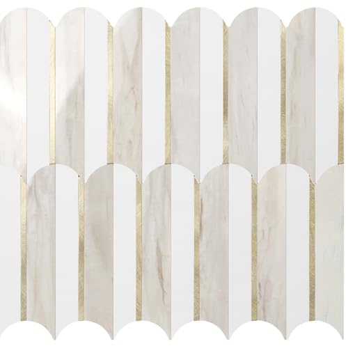 Vamos Tile Peel and Stick Backsplash Seamless Tile for Kitchen and Bathroom,White and Glossy Wooden Marble PVC Mixed Light Gold Self Adhesive Fish Scale Metal Mosaic Tiles (10 Sheets)