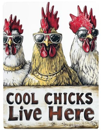 Blechschild Hühnerstall, 30x40cm Metallschild Personalisiert Hühner, Lustige Schilder Mit Sprüchen “Cool Chicks Live Here”, Drei Hähne Mit Sonnenbrille, Geschenk Für Hühnerliebhaber