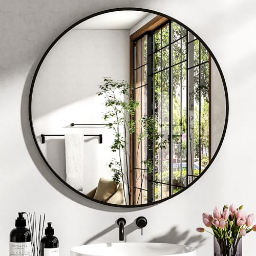 BEAUTYPEAK Round Mirror, 60cm Wall Mirror with Aluminium Alloy Frame, HD Glass that can be Hung, Suitable for Home Decor, Bathroom and Dressing Table, Black