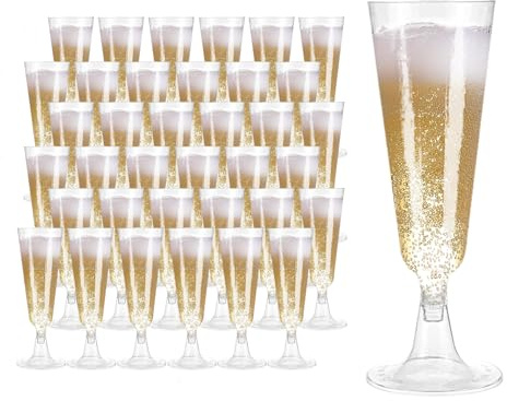 Yuedefly 50 pcs Plastic Champagne Flutes Set,5oz Cocktail Glasses, Reusable Prosecco Glasses, Wine Cups for Parties, Wedding, Thanksgiving Day, Christmas,Birthdays, Picnic(Clear)